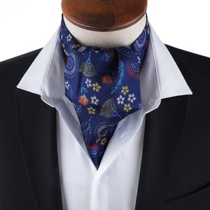 Elegant Royal Blue Floral Ascot Tie for Men – Stylish Cravat Scarf, Wedding Groomsmen Neckwear, Vintage Formal Accessory