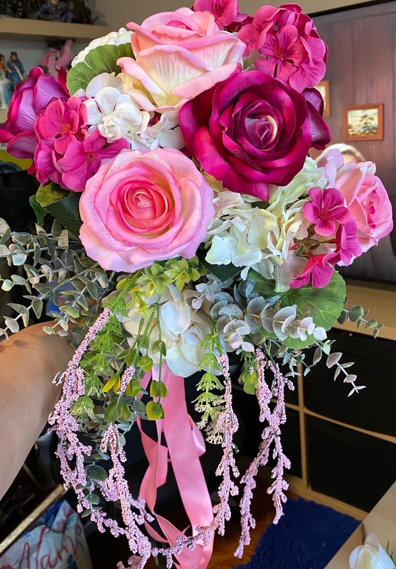 Real Touch Roses Bouquet/wisteria and Pink Roses/ Bridal Etsy