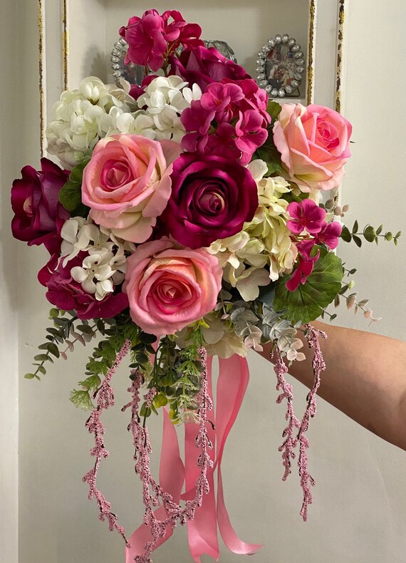 Real Touch Roses Bouquet/wisteria and Pink Roses/ Bridal Etsy