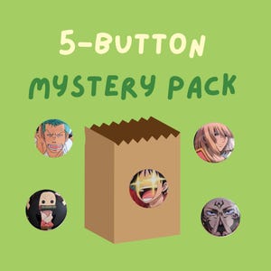 May include: A brown paper bag with a 5-button mystery pack of anime character buttons. The buttons feature characters from popular anime series.