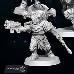 May include: Five grey plastic miniature figures of space warriors with weapons and horns. The figures are pre-supported and compatible with 28mm rules.