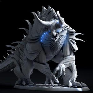 May include: A detailed, gray-toned sculpture of a monstrous creature with horns, spikes, and glowing blue accents. The figure is posed in a dynamic stance, showcasing intricate textures and a menacing design. The sculpture is on a small, round base.