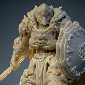 May include: A detailed, beige-colored figurine of a knight in full armor, holding a flail and shield. The armor features intricate designs and textures, with a helmet and shoulder pads. The shield has a decorative pattern. The figure is posed in a dynamic stance.