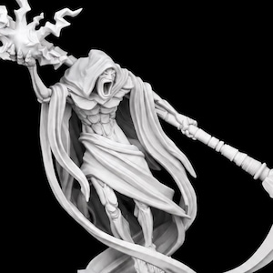 May include: A white unpainted miniature figurine of a hooded skeletal figure with a muscular torso, wearing flowing robes. The figure holds a jagged energy bolt in one hand and a large scythe in the other, hovering above a base of stone blocks.