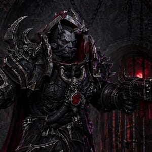 May include: A digital artwork depicting a heavily armored figure in a gothic setting. The character is clad in black armor with a red cape and a weapon. The background shows a dark interior with candles, creating a dramatic atmosphere.