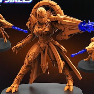 May include: A detailed orange-brown Sapient Humanoid Ranged Infantry 2 figurine with a futuristic design. The figure is posed with a weapon emitting a blue energy beam. The image includes the "Papsikels" logo.