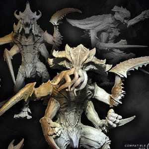 Puede incluir: Imagen renderizada digitalmente de figuras de monstruos beige con detalles intrincados, múltiples extremidades y garras afiladas. Las figuras están en varias poses, con texto que dice "MULTIPART AND BALLJOINTS", "PRESUPPORTED STL & LYS FILES" y "100MM BASE".