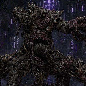 Puede incluir: Una escultura detallada de una figura monstruosa con rostro esquelético, garras afiladas y componentes mecánicos. La criatura está posada sobre una pila de calaveras y escombros, sobre un fondo futurista iluminado en púrpura.