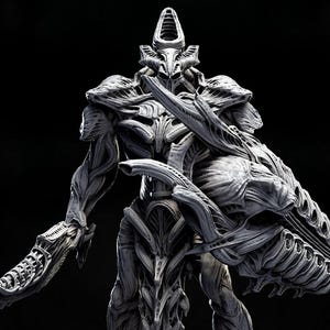 May include: Three gray, detailed sculptures of a biomechanical creature, each posed differently on a round base. The sculptures have intricate, skeletal-like structures and are labeled "TECHNOCRON II H.R. GIGER TRIBUTE".