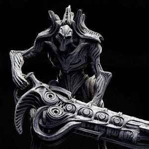 May include: Three gray, detailed sculptures of humanoid creatures with intricate, biomechanical designs. The sculptures are on circular bases, with the text "TECHNOCRON II H.R. GIGER TRIBUTE" above them. The figures are posed with weapons.