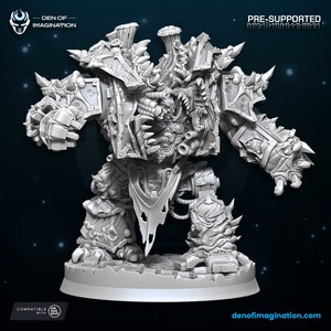 May include: A detailed, gray, 3D printed model of a monstrous, bio-mechanical creature with a grotesque, fleshy exterior. The creature is standing on a circular base with a textured surface. The model is pre-supported and compatible with "One Page Rules".