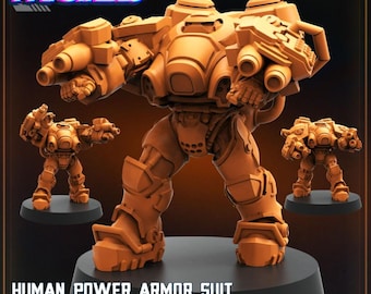 May include: An orange-colored Human Power Armor Suit Incinerator Marine miniature figure. The figure is highly detailed, with a large central body and two smaller figures on black bases. The text "Papsikels" is at the top, and "Human Power Armor Suit Incinerator Marine" is at the bottom.