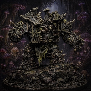 May include: A detailed miniature figure of a heavily armored warrior, standing in a dark, mushroom-filled environment. The figure is primarily dark green and brown, with intricate details and sharp spikes. The background features purple and white mushrooms.