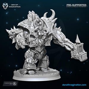 May include: A detailed, gray, 3D printed miniature of a monstrous, armored figure wielding a large hammer. The figure is adorned with intricate details, including skulls, horns, and a female figure with flowing hair. The miniature is pre-supported and compatible with Dark Page Rules.
