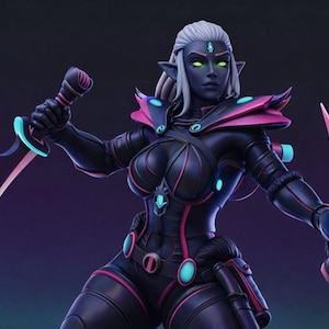 May include: A dark-skinned fantasy figurine with pointed ears and white hair, wearing black armor with pink and cyan accents. The figure holds a curved blade in each hand and features glowing green eyes and a glowing cyan emblem on the forehead.