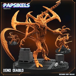 May include: A detailed, orange-brown, 3D printed miniature of a Xenomorph Diablo creature from the Alien franchise. The creature has a long, segmented tail, sharp claws, and a menacing, open mouth. The miniature is posed on a textured base with a box of supplies behind it. The text "XENO DIABLO" is printed below the miniature.