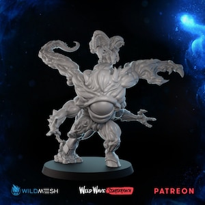 May include: A gray 3D printed miniature of a monstrous creature with multiple arms and a single large eye. The creature is standing on a round base. The miniature is part of a Wild Wave Starterpack.