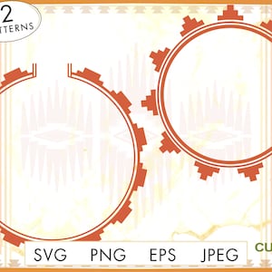 May include: Two orange geometric frame designs with a white background. The frames are in the shape of a circle with a jagged edge. The text "2 PATTERNS" is in the upper left corner of the image.