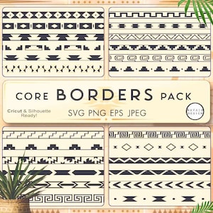 Könnte beinhalten: Ein digitales Designpaket mit vier Tafeln mit verschiedenen schwarzen und cremefarbenen Bordürenmustern. Der Text "CORE BORDERS PACK" wird zusammen mit Informationen zum Dateityp angezeigt. Das Design ist für Cricut und Silhouette geeignet.