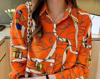 Vintage Chiffon Casual Ladies Designer Horse Print Equestrian Blouse Top Shirt by Equestrian Hills