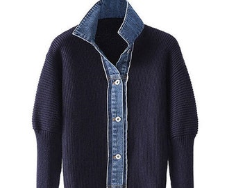 Equestrian Style Jacket / Cardigan knitted cotton / Denim, one size very comfortable.