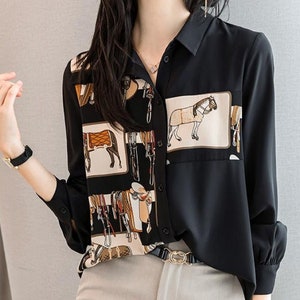 Casual Ladies Horse Print Equestrian Blouse Top Shirt  by Equestrian Hills