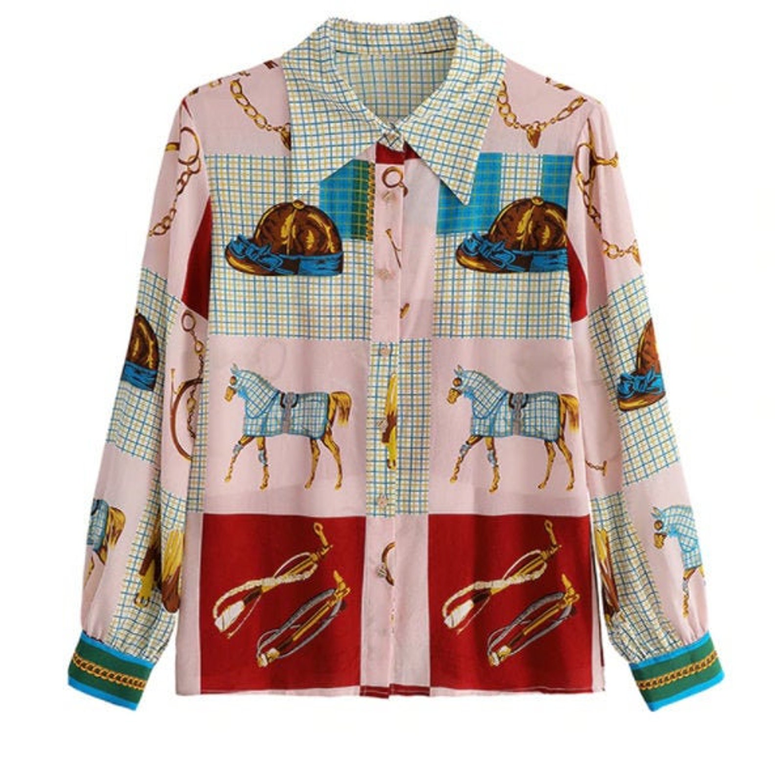 Casual Ladies Designer Horse Print Equestrian Blouse Top Shirt Etsy