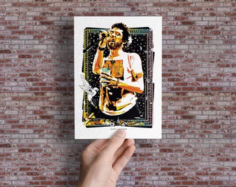 May include: A rectangular art print featuring a stylized illustration of a person singing into a microphone while holding a cup. The design incorporates a dark, starry frame, a white bird, and vibrant orange and yellow accents on a white background.