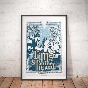 May include: A blue and white illustrated print with the text "Tímogo Smaoine Iltiamh" in a light peach color. The print features a stylized image of two figures with a sun and stars in the background.