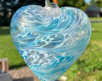 Suncatcher Glass Heart Hand Blown Glass Heart #J16 Blue tones with White, iridized Valentine's Day