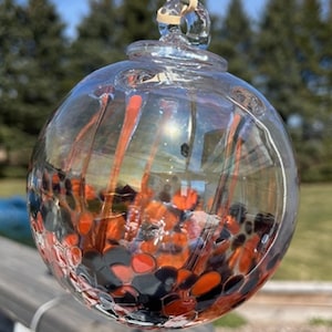 Glass Suncatcher, Witch Balls, Handblown Art Glass Window Ornament 4 1/2" Orange - dark Brown Iridescent - Witches Ball WB32