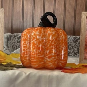 Custom Hand-Blown Small Orange White Color Glass Pumpkin, Long Curly Stem Design, Fall Halloween Thanksgiving Decoration