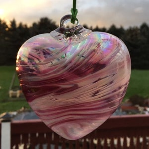 Suncatcher Glass Heart Hand Blown Glass Heart #J5 Pink Pearl White