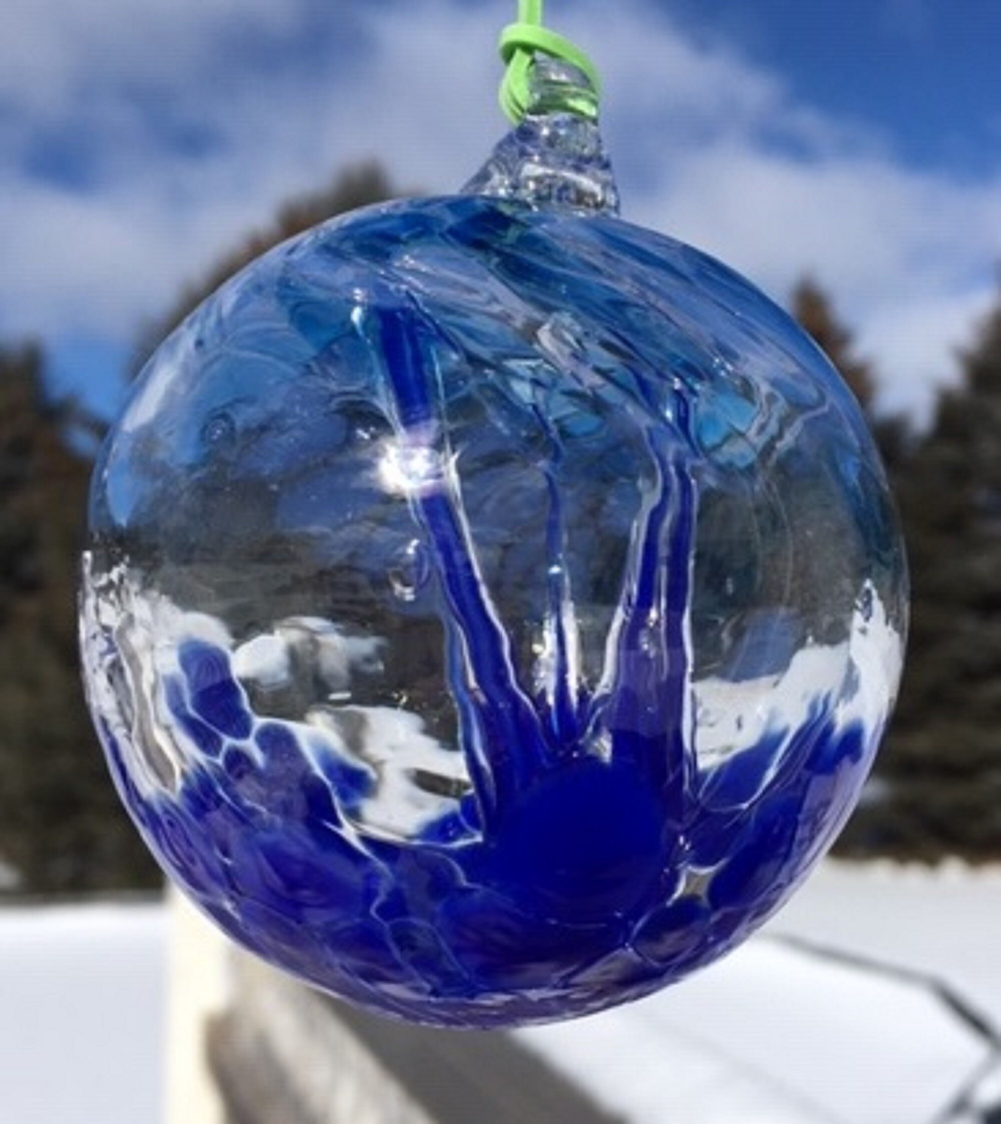 Glass Suncatcher, Witch Balls, Handblown Art Glass Window Ornament 3" Blue with Light Blue,  Witches Ball J261