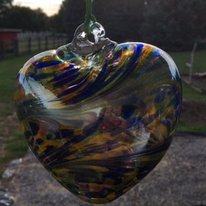 Suncatcher Glass Heart Hand Blown Glass Heart #J8 Cobalt Blue Gold , Purple and Yellow