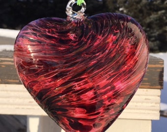 Suncatcher Glass Heart Hand Blown Glass Heart #J10R Red tones, iridized Valentine's Day