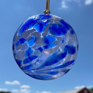 Glass Suncatcher, Friendship Balls, Handblown Art Glass Window Ornament 4 1/2" Blueish Tone design Friendship Ball WB23