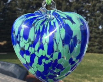 Suncatcher Glass Heart Hand Blown Glass Heart #J103 Blue and Green tones