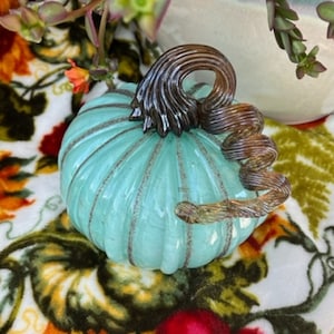 Custom Hand Blown Seafoam Green Color Glass Pumpkin, Long Curly Stem Design, Fall Halloween Thanksgiving Decoration