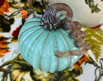 Custom Hand Blown Seafoam Green Color Glass Pumpkin, Long Curly Stem Design, Fall Halloween Thanksgiving Decoration