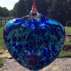 Suncatcher Glass Heart Hand Blown Glass Heart #J12 Aqua and Blue tones