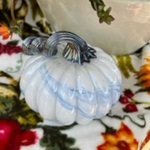Custom Hand Blown White and Blue Swirl Color Glass Pumpkin, Long Curly Stem Design, Fall Halloween Thanksgiving Decoration