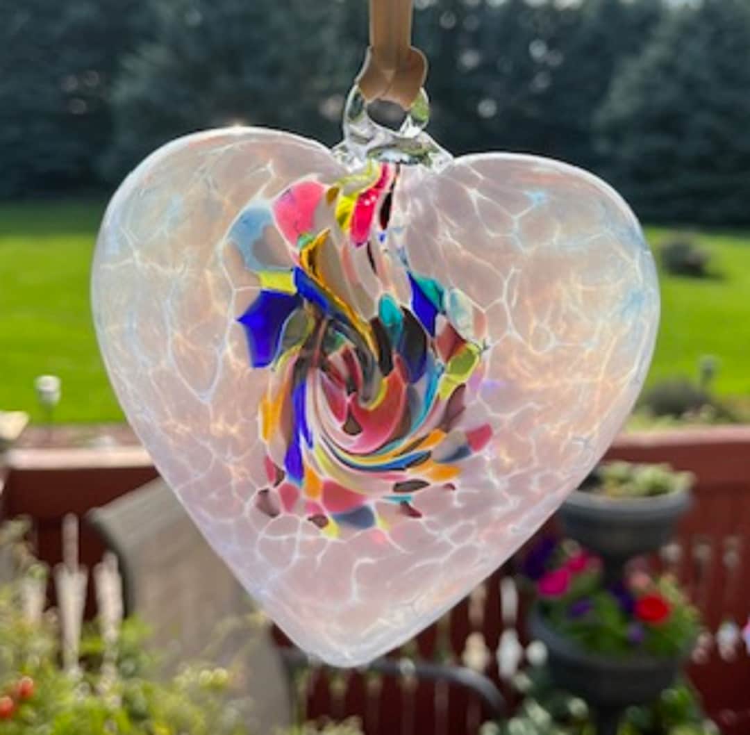 Suncatcher Glass Heart Hand Blown Glass Heart J170L White With Color Swirls Tones, Iridized