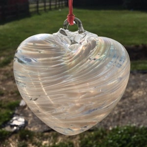 Suncatcher Glass Heart Hand Blown Glass Heart #J10 Pearl and White tones, iridized