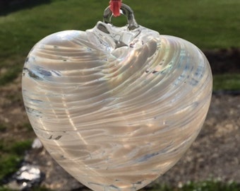 Suncatcher Glass Heart Hand Blown Glass Heart #J10 Pearl and White tones, iridized
