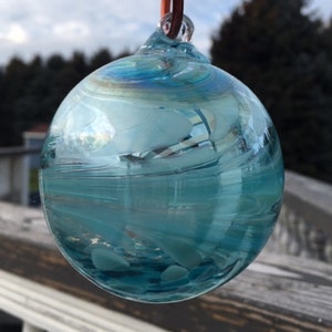 Glass Suncatcher, Friendship Balls, Handblown Art Glass Window Ornament 3.5" Aqua Friendship Ball J334