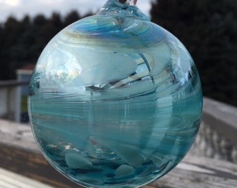 Glass Suncatcher, Friendship Balls, Handblown Art Glass Window Ornament 3.5" Aqua Friendship Ball J334