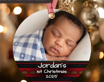 Eerste kerstbal voor baby - Gepersonaliseerde Afro-Amerikaanse foto aandenken babyjongen - op Kente geïnspireerd