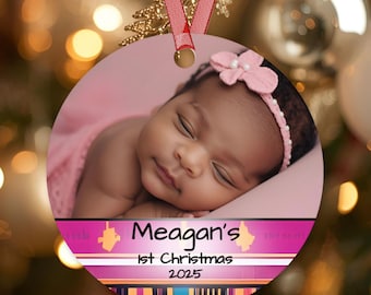 Eerste kerstbal voor baby - Gepersonaliseerde Afro-Amerikaanse foto aandenken babymeisje - Kente-geïnspireerd