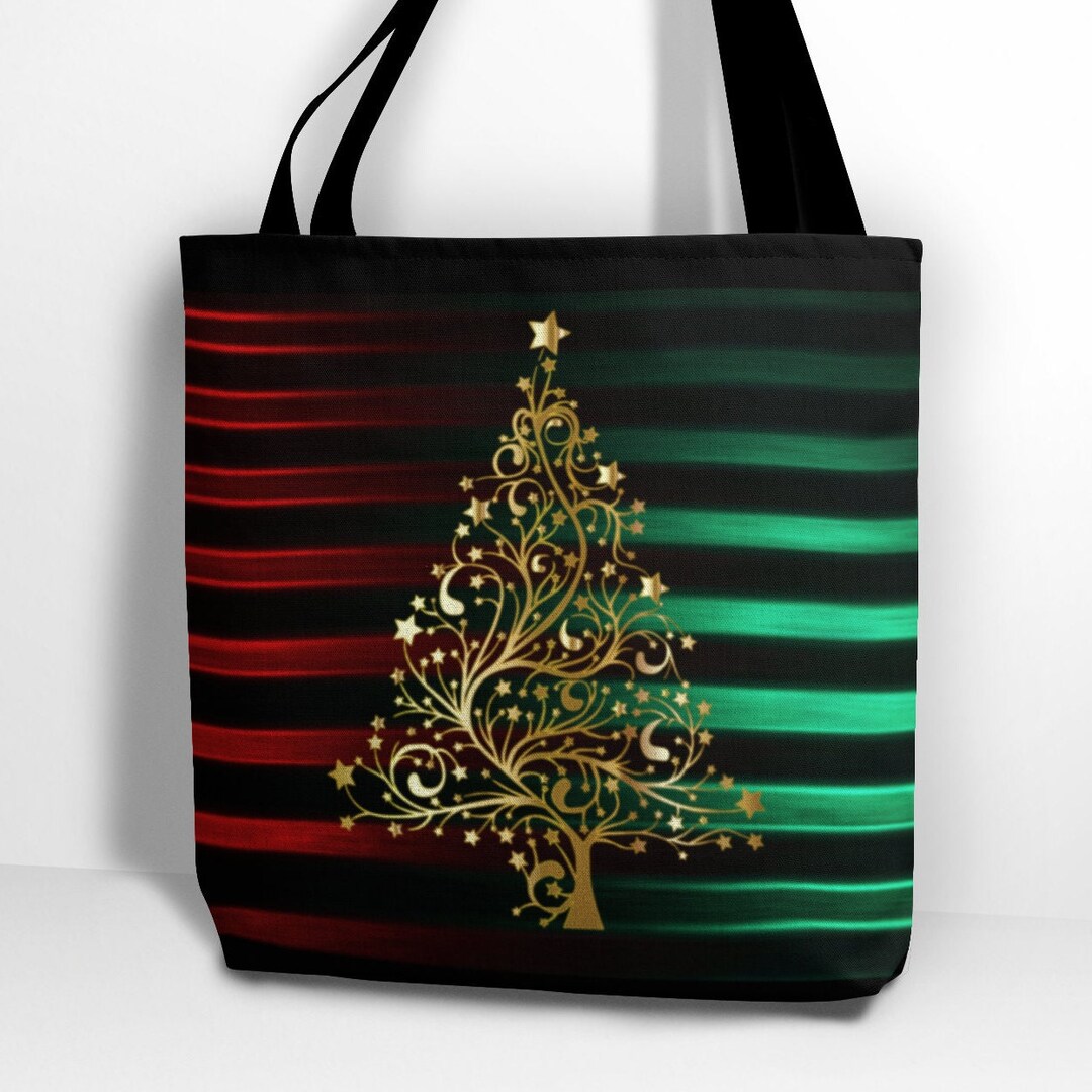 Gold Christmas Tree Tote Bag Red, Black, and Green Accent Holiday Bag